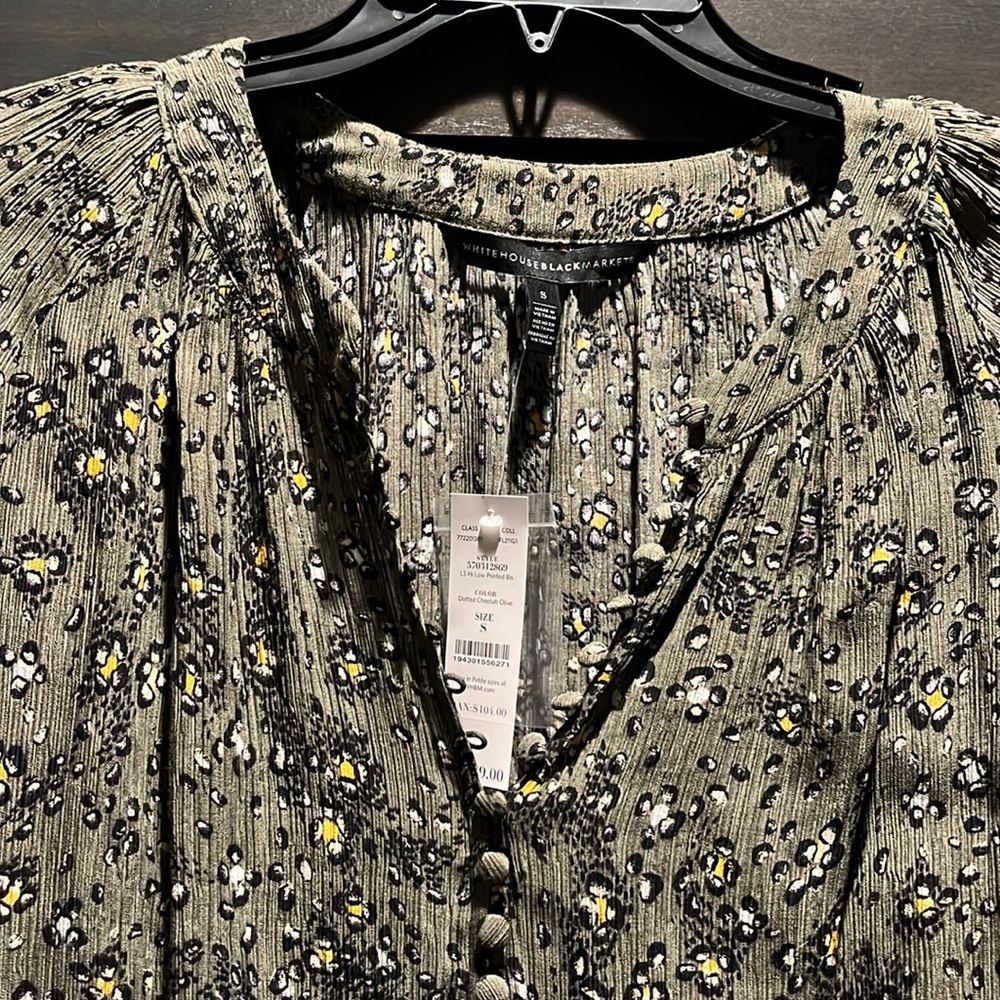 NWT White House Black Market Dotted Cheetah Olive blouse.  Size small.